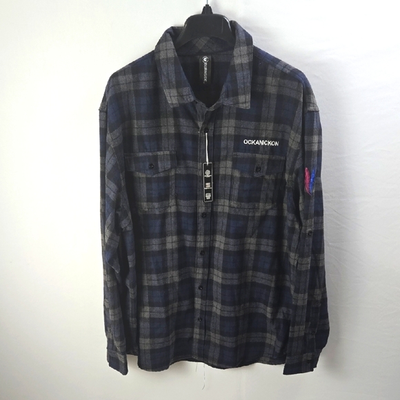 Burnside Mens Long Sleeve Flannel Shirt Button-Up Shirt Blue and Gray Sz 2X NWT - Picture 1 of 11